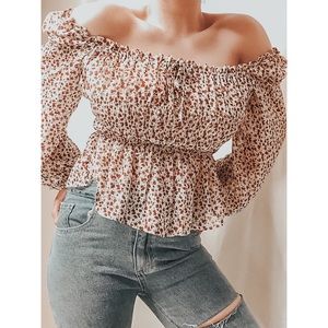 Floral off shoulder ruffled beige top
